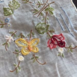 Vintage Handmade Embroidered Floral Handkerchief with butterfly and rose